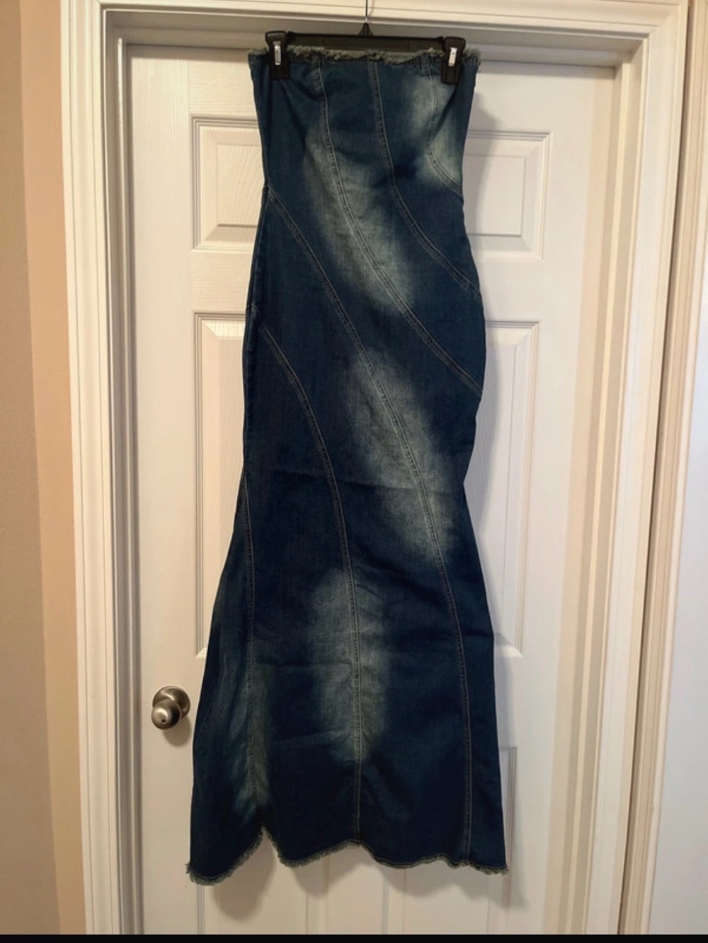 Fashion Nova Dark Blue Strapless Denim Maxi Dress